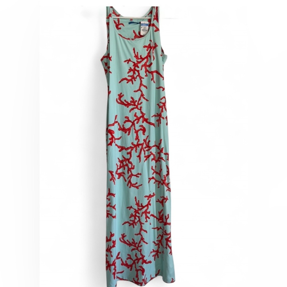 J. McLaughlin Red Coral on Blue Maxi Dress